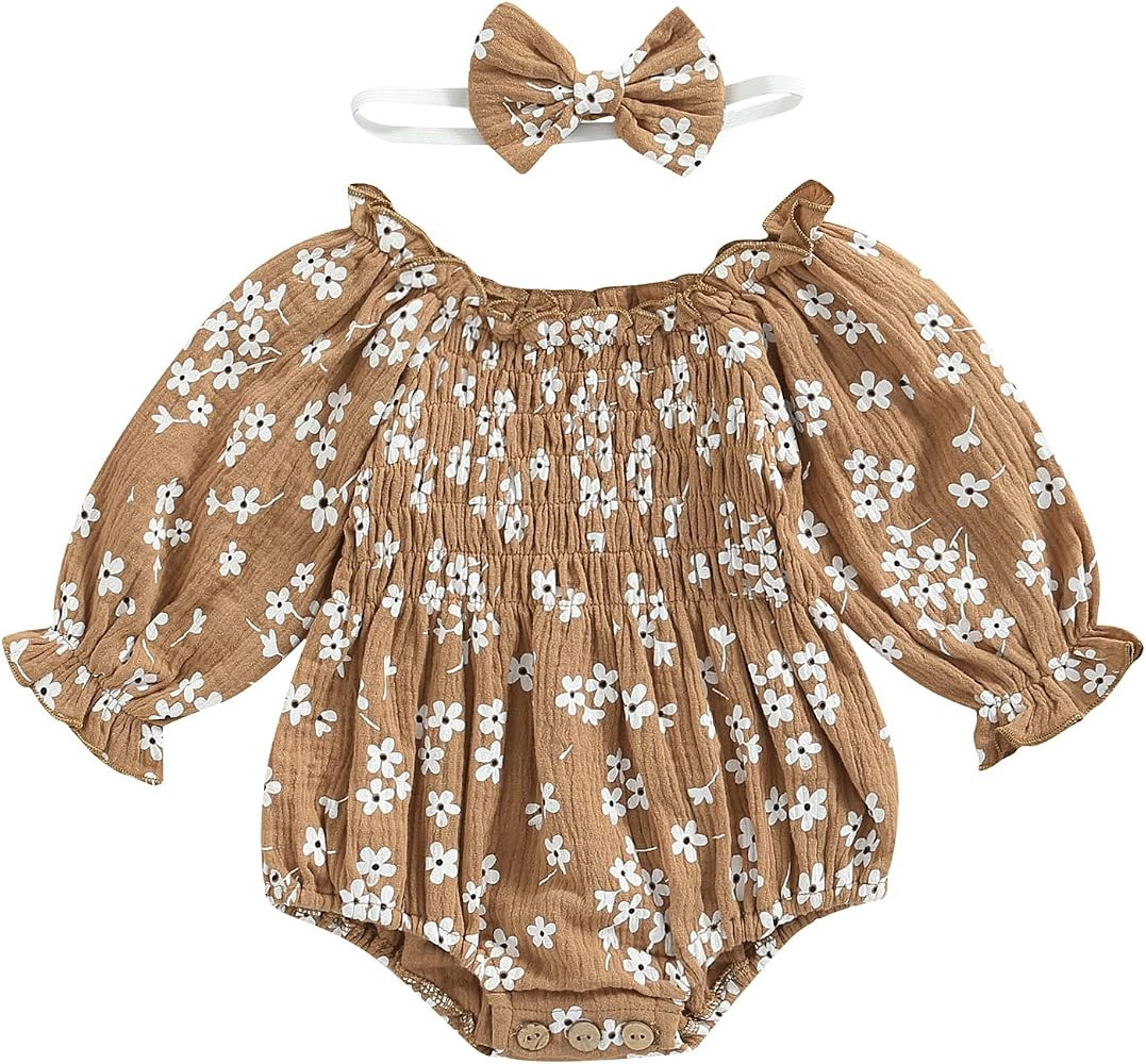 2pcs Infant Baby Girls Romper Headband 0-24M Ruffles Long Sleeve Off Shoulder Flowers Printed Swe... | Amazon (US)