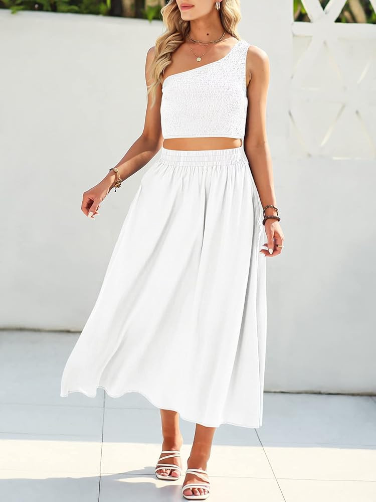 ANRABESS Women's 2 Pieces Outfits One Shoulder Smocked Crop Top & High Waist Long Skirt Dress Set wi | Amazon (US)