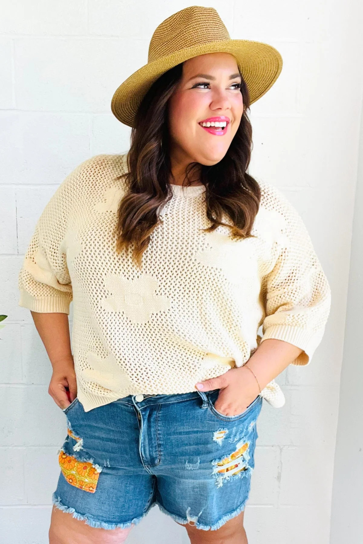 Feel Charming Oatmeal Floral Netted Crochet 3/4 Sleeve Sweater Top 2X | Casual Chic Boutique