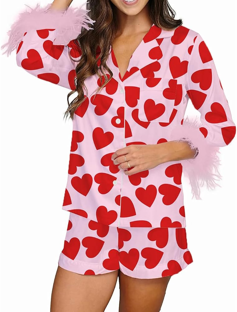 YAYAOAYAY Women Fur Feather Trim Valentine's Day Pajamas Long Sleeve Button-Down Top + Shorts Sat... | Amazon (US)
