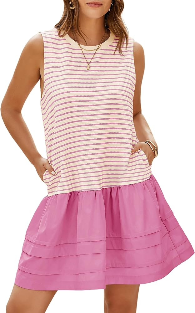 Wenrine Womens Summer Tank Mini Dress Casual Striped Sleeveless Crewneck Constrast Patchwork Loos... | Amazon (US)
