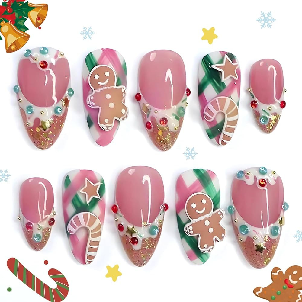 Christmas Press on Nails Short Almond Cute Pink Xmas Fake Nails with 3D Embossed Gingerbread Man ... | Amazon (US)