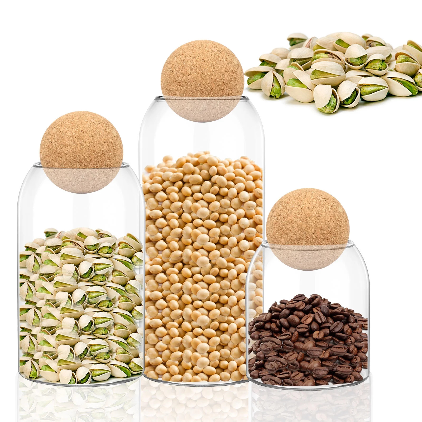 3 Pack Glass Storage Jar with Ball Cork Lid 17oz/28oz/40oz Clear Food Storage Jar Kitchen Food Co... | Walmart (US)