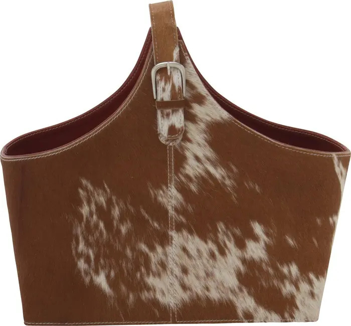 Dark Brown Genuine Goat Hair & Leather Magazine Holder with Detail Stitching & Curved Handles | Nordstrom Rack