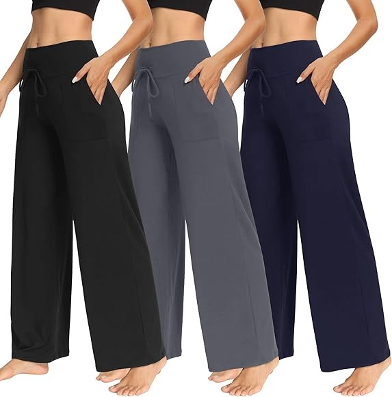 TNNZEET 3 Pack Women's Wide Leg Pants with Pockets - Casual Loose Yoga Trouser Pants Sweatpants P... | Amazon (US)