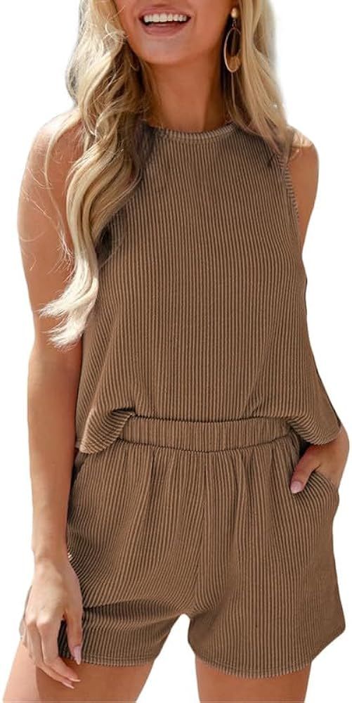 SHEWIN Two Piece Sets for Women 2024 Casual Summer Crewneck Striped Sleeveless Tops and Shorts Ro... | Amazon (US)