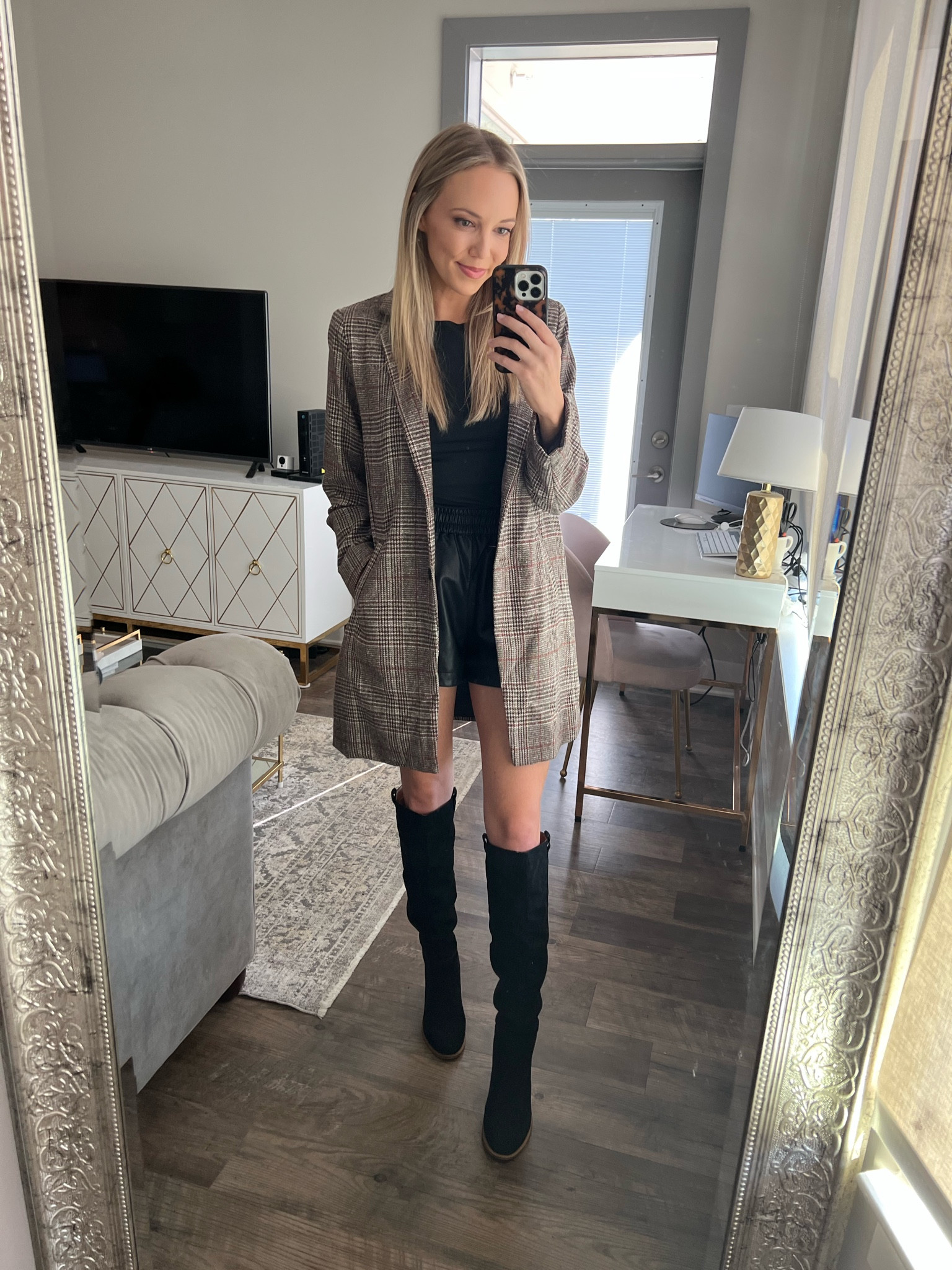 Plaid blazer outfit, faux leather shorts outfit, black knee high boots, fall outfit 

#LTKSeasonal #LTKunder50 #LTKunder100