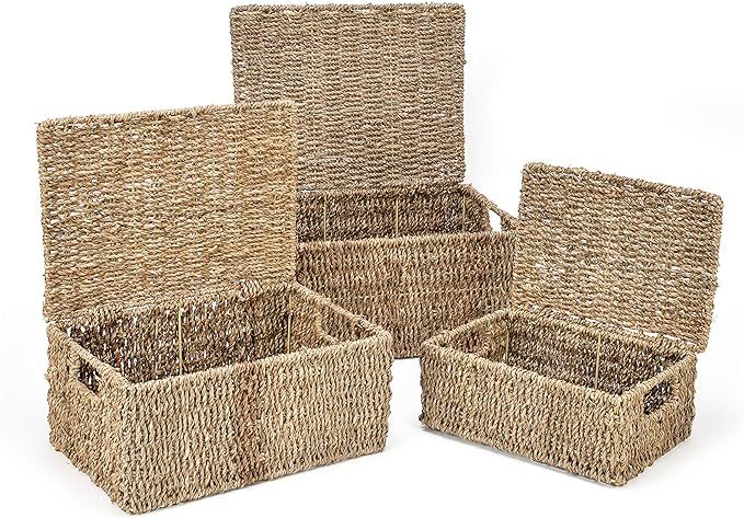 Trademark Innovations Set of 3 Rectangular Seagrass Baskets with Lids (Small) | Amazon (US)
