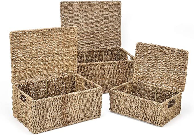 Trademark Innovations Rectangular Seagrass Baskets Lids (Set of 3), Brown | Amazon (US)