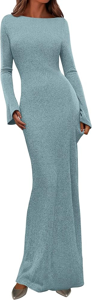 PRETTYGARDEN Women's Fall Fashion 2026 Long Sleeve Maxi Dress Ribbed Knit Boat Neck Bodycon Casua... | Amazon (US)