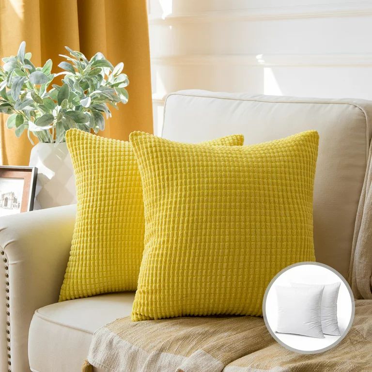 Soft Corduroy Corn Striped Velvet Series Decorative Throw Pillow, 20" x 20", Yellow, 2 Pack - Wal... | Walmart (US)
