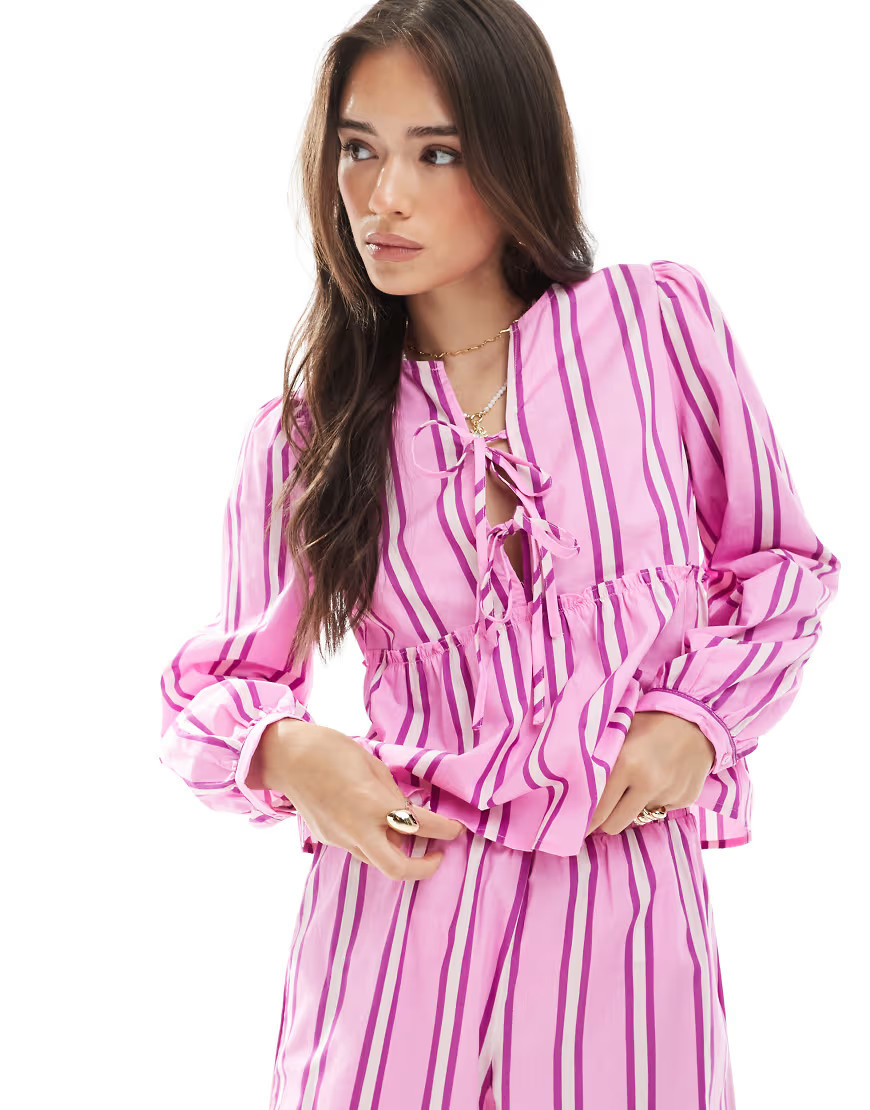 Pieces tie front long sleeve blouse in pink and purple stripes - part of a set-Multi | ASOS (Global)