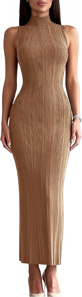 Mettclasi Women's Spring Fall Mock Neck Sleeveless Knit Maxi Dress Elegant Sexy Ribbed Slim Fit B... | Amazon (US)