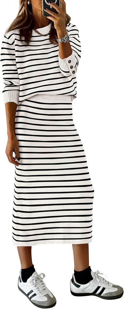 PRETTYGARDEN Women's 2 Piece Striped Sweater Sets Fall Long Sleeve Knit Pullover Pencil Skirts Ma... | Amazon (US)