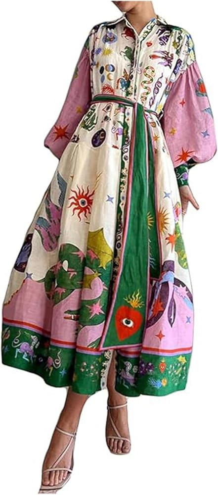 Women's Long Puff Sleeve Maxi Dress Graffiti Printed A-Line Casual Dress Belted Elegant Dress | Amazon (US)