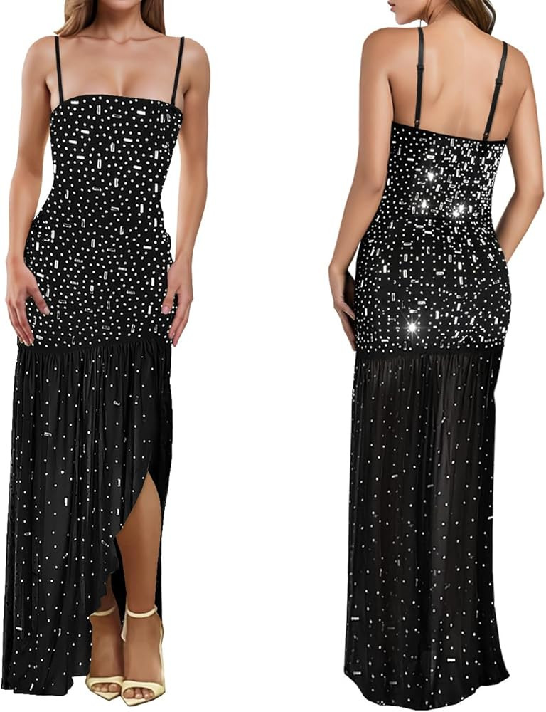 Women's Sexy Rhinestone Dress Glitter Bodycon Spaghetti Strap High Split Wedding Formal Evening L... | Amazon (US)