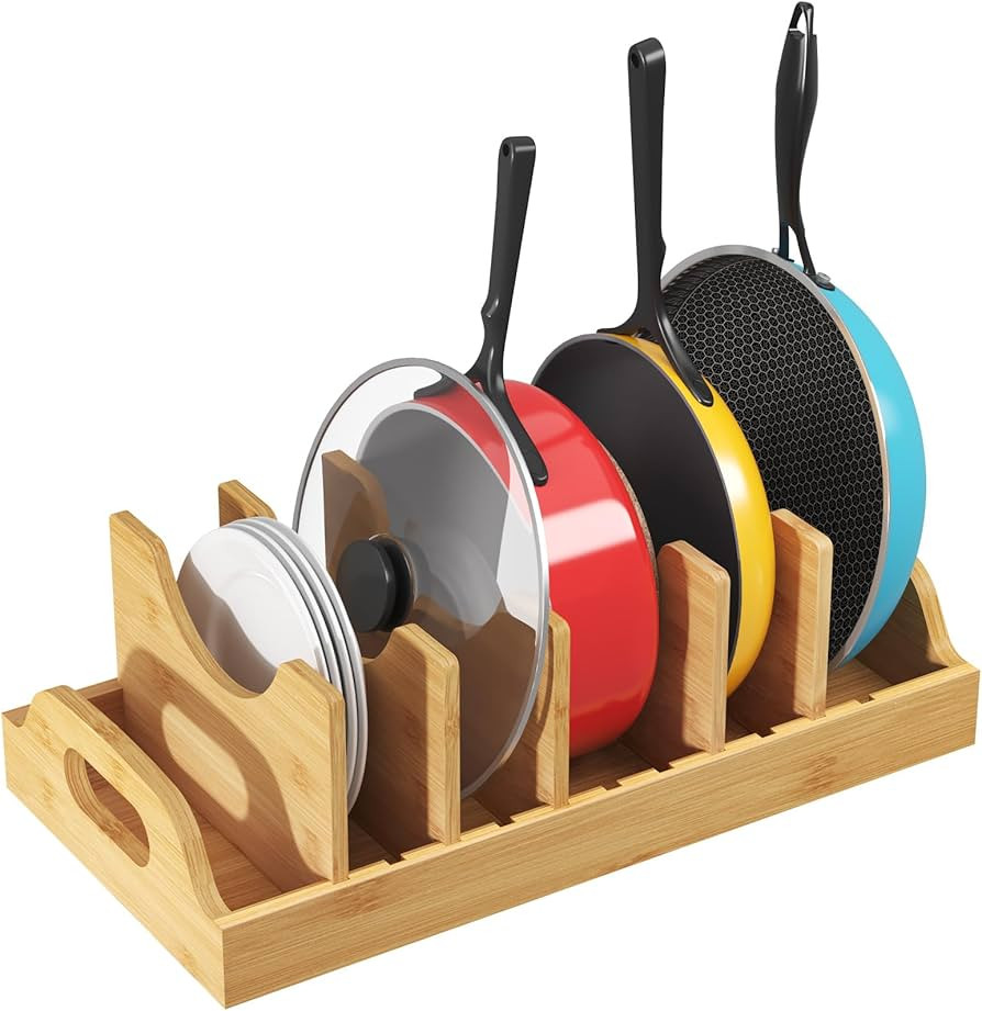 Lifewit Bamboo Pot Lid Organizers for Inside Cabinet, Pan Lid Holder with 6 adjustable Inserts & ... | Amazon (US)