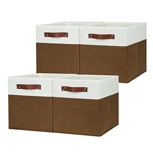 HNZIGE Fabric Cubes Storage Bins Set of 4,11 x 11 Clothes Storage Cube Baskets,Cube Organizing Bins for Shelves with Handles,Canvas Baskets for Organizing Home(Brown White) | Amazon (US)