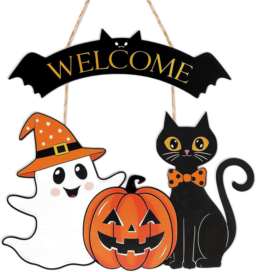 Halloween Decorations Door Hanging Sign Ghost Black Cat Pumpkin Door Sign Halloween Welcome Front... | Amazon (US)
