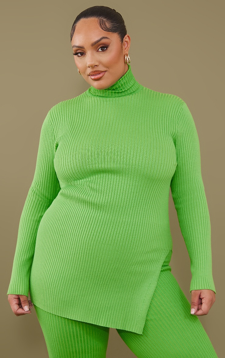 Plus Bright Green Rib Knitted High Neck Sweatshirt | PrettyLittleThing US