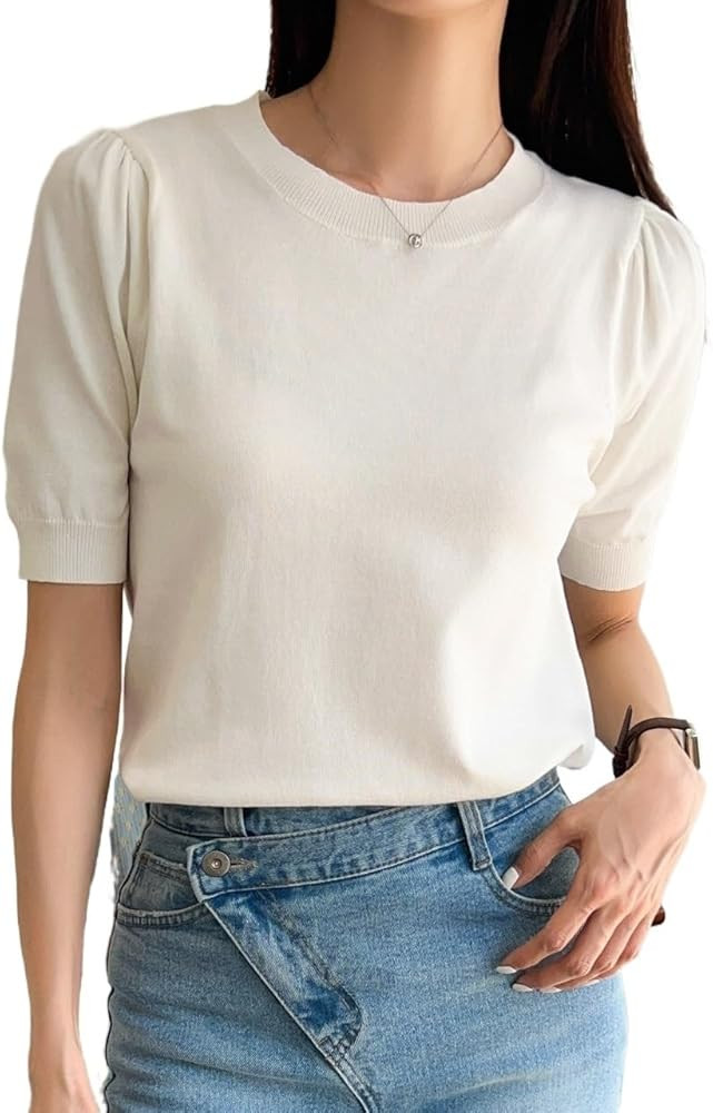 Chaleco de punto para mujer, manga abombada, cuello redondo, informal, tejido | Amazon (US)