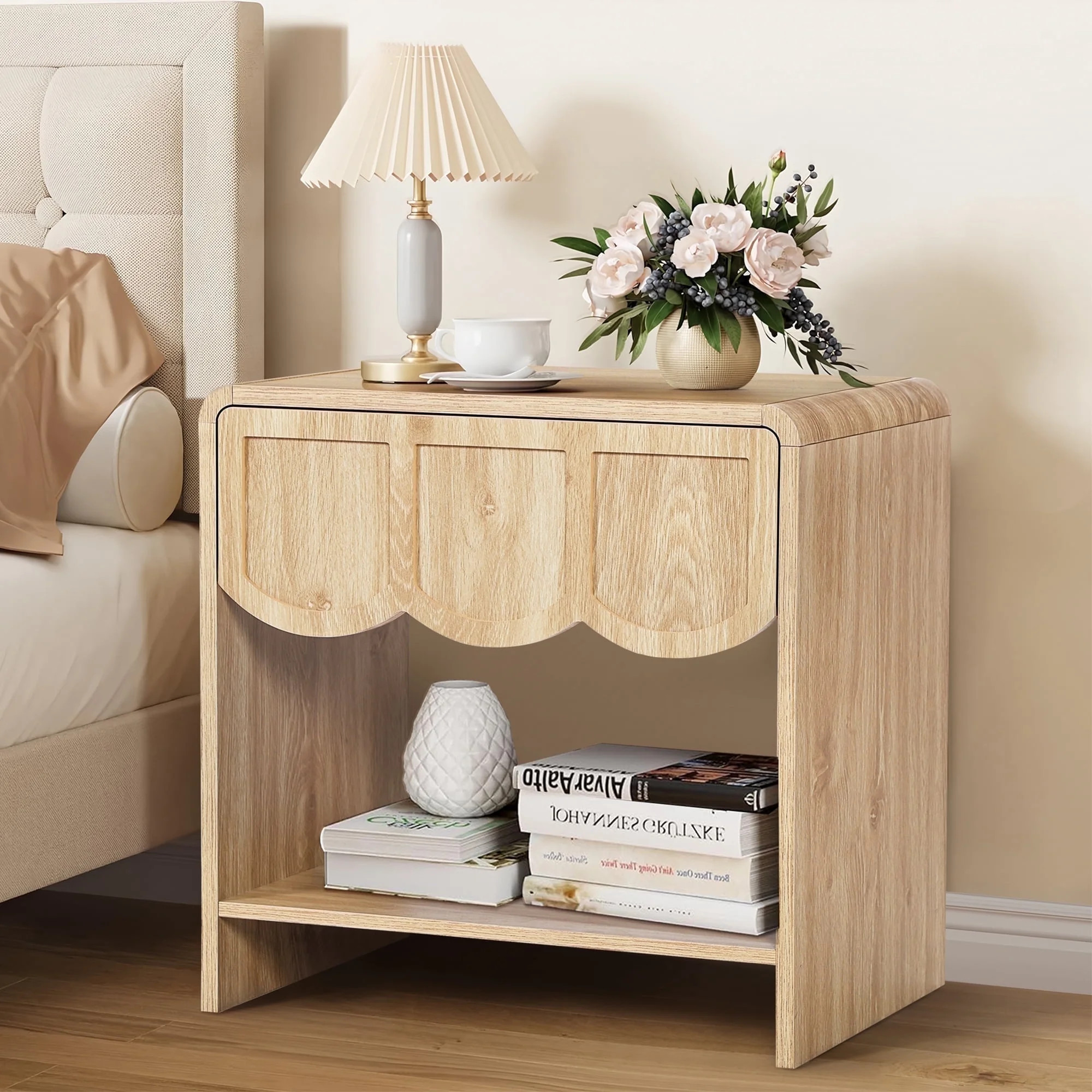 Wirrytor Natural Oak Mid-Century Curved Nightstand with Drawer, Modern Bedside Table with Opening... | Walmart (US)