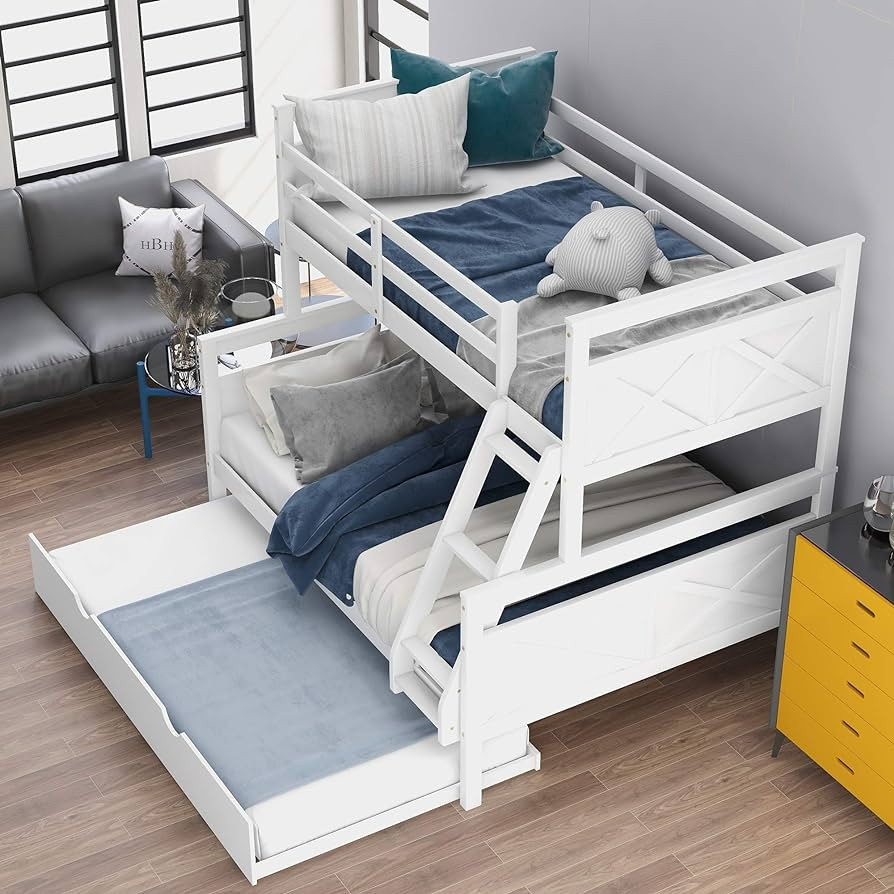 Merax Trundle Bunk Bed, Twin Over Full Wood Bunk Bed with Twin Size Trundle, Solid Wood Bunk Bed ... | Amazon (US)