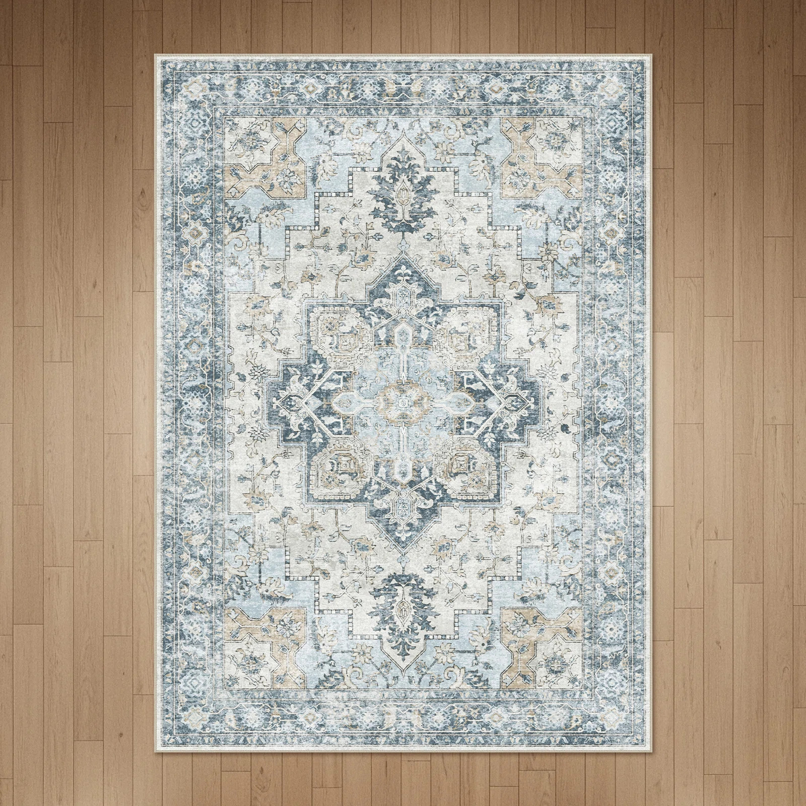 Roehit Oriental Performance Machine Washable Blue / Ivory Area Rug | Wayfair North America