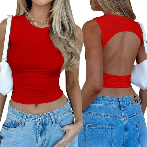 YFANG Women's Sexy Backless Crop Tank Top Ruched Summer Casual Y2K Top Red Small | Amazon (US)