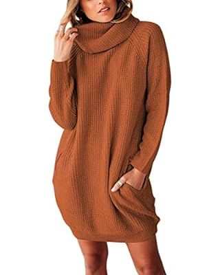 Sovoyontee Women's Long Sleeve Baggy Oversized Turtleneck Pullover Sweater Dress with Pockets | Amazon (US)