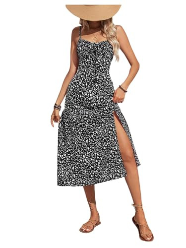 Floerns Women's Floral Print Tie Shoulder Cami Dress Ruched Bust Slit Boho Midi Dress | Amazon (US)