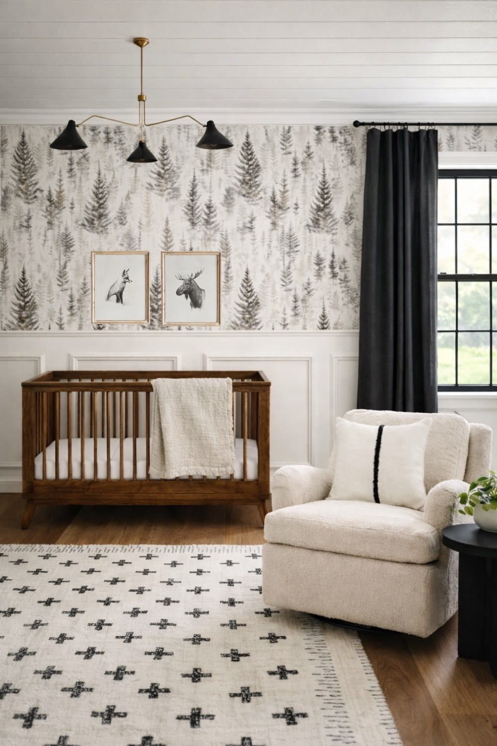 A modern woodland theme for this neutral nursery - I love these wall art prints from Etsy! Especially paired with this wayfair rug for some added interest and texture. 
🖤🖤
Nursery, nursery design, nursery decor, nursery rug, nursery decor, nursery wall art, nursery lighting, nursery glider, nursery rocker, curtains, chandelier, nursery bedding, nursery side chair, throw pillow, nursery decor ideas, baby boy nursery, baby girl nursery, woodland, woodland nursery, black and white nursery, wayfair, Etsy 


#LTKBump #LTKBaby #LTKHome
