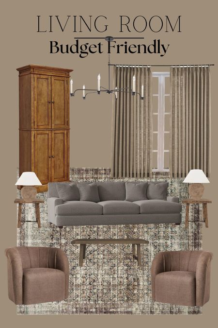 Living room ideas, moody living room, neutral living room, neutral home, wood cabinet, gray couch, sofa, loloi rug, side table, end table, coffee table, accent chairs, studio McGee chairs, arm chair, lamp, table lamp, home decor, farmhouse, chandelier 

#LTKFind #LTKxPrimeDay #LTKsalealert