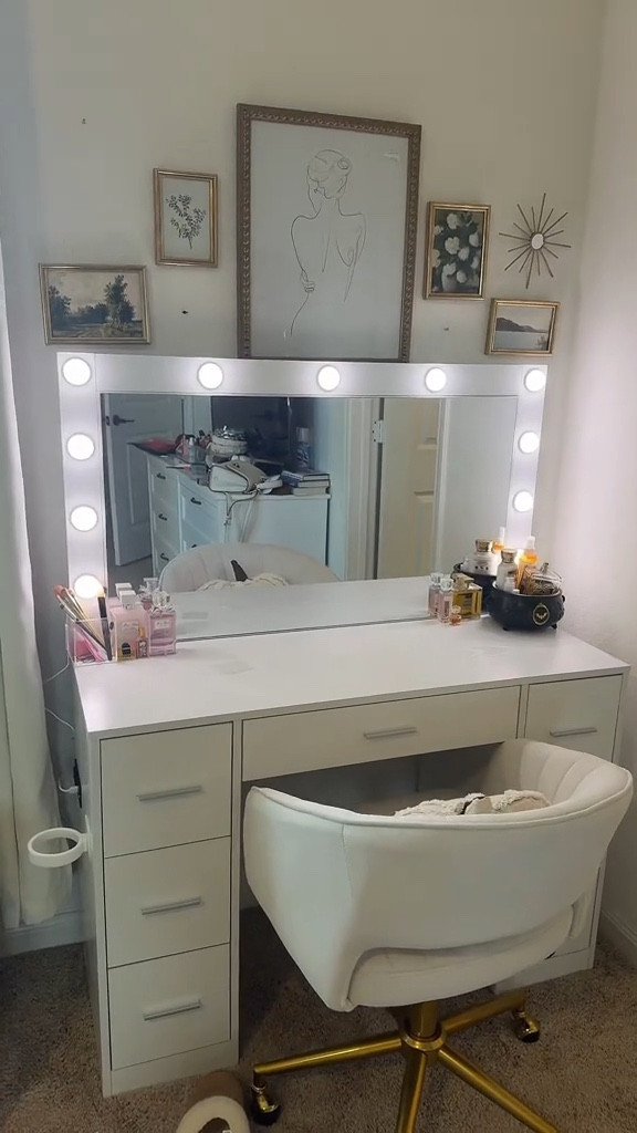 Love this vanity. The quality is sooo good and the drawers fit exactly all of my needs. The mirror has 3 different light tones. I personally switched out the chair 

#LTKBeauty #LTKHome #LTKOver40