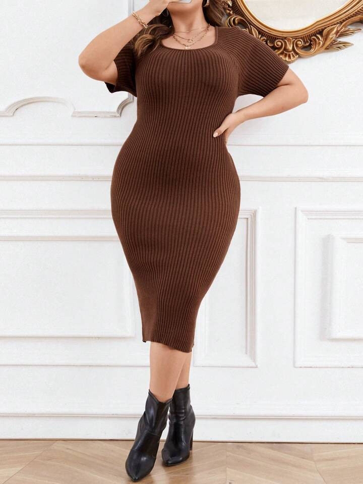 SHEIN Privé Plus Ribbed Knit Sweater Dress | SHEIN