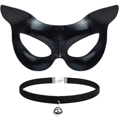 Women's cat Costume Cat Mask and Collar Set, Women‘s Cat Costume Accessories for Adults, Cat Ears Half Face Masquerade Mask & Choker Black Eye Mask for Woman Halloween Animal Cat Cosplay Costume | Amazon (US)