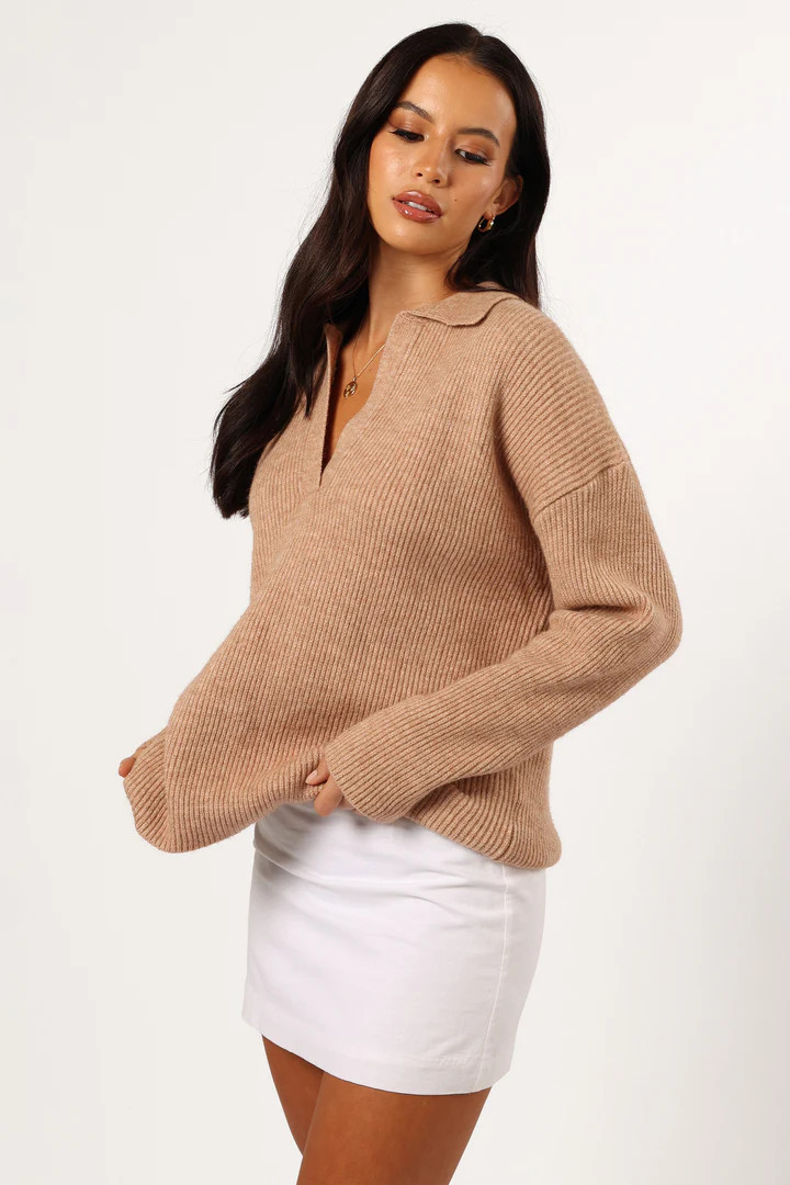 Zala Vneck Collar Knit Sweater - Mocha | Petal & Pup (US)