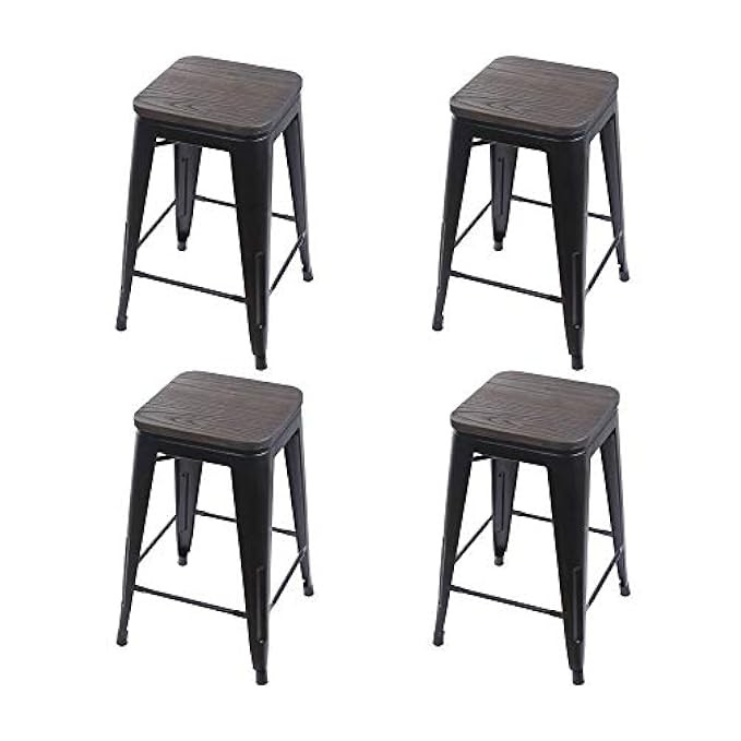 GIA TOOLIX_4BK_Wood Stackable 24" Metal Stool, 4-Pack, Black,Dark Wooden Seat | Amazon (US)