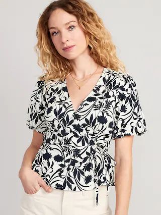 Waist-Defined Puff-Sleeve Tie-Wrap Blouse for Women | Old Navy (US)