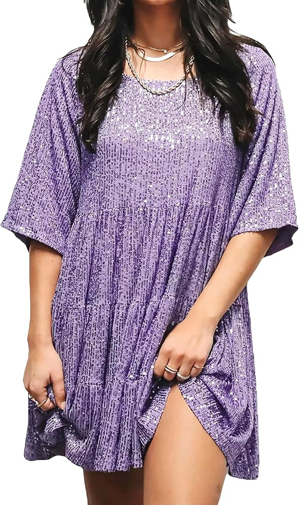 HYLLGUD Women Sequin Dress Sparkly Giltter Round Neck Short Sleeve A-Line Loose Swing Tunic Dress... | Amazon (US)