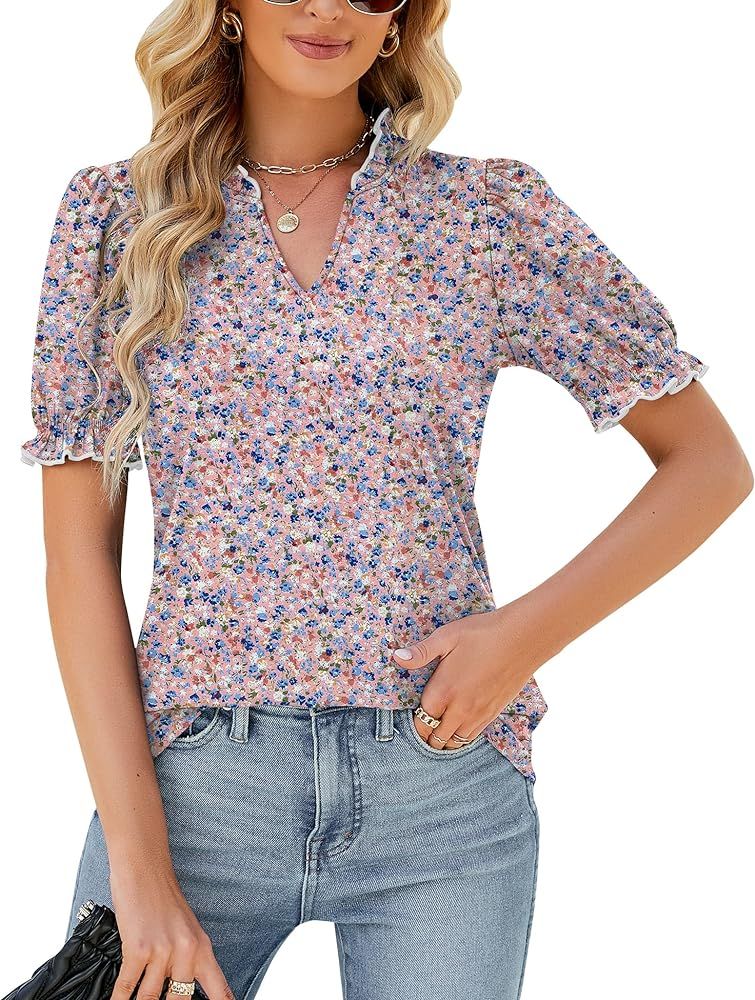 LOMON Women's Puff Sleeve Ruffle V Neck Top Blouse Shirt | Amazon (US)