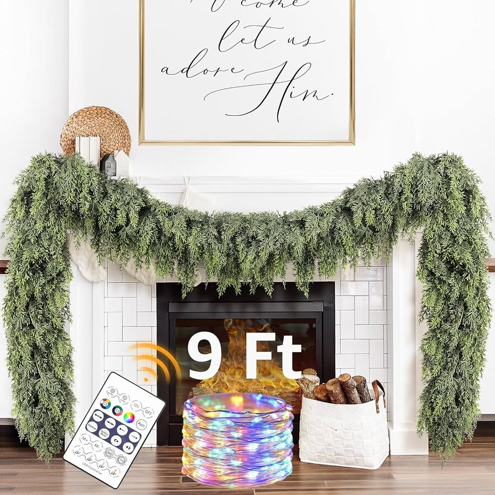 Cedar Christmas Garland with Lights for Mantle - Decorations 9ft Realistic Lighted Faux Pine Garl... | Amazon (US)
