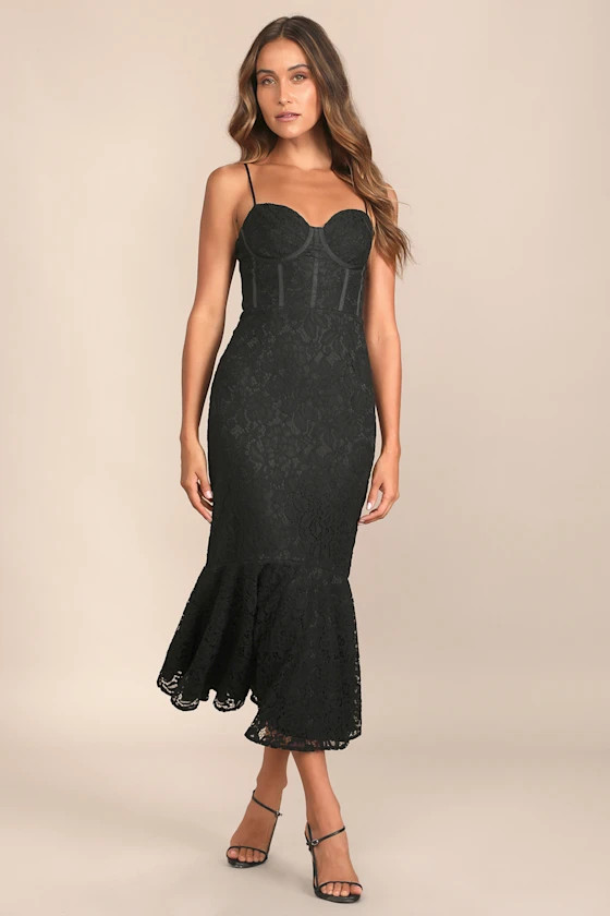 Found Your Love Black Lace Sleeveless Trumpet Midi Dress | Lulus