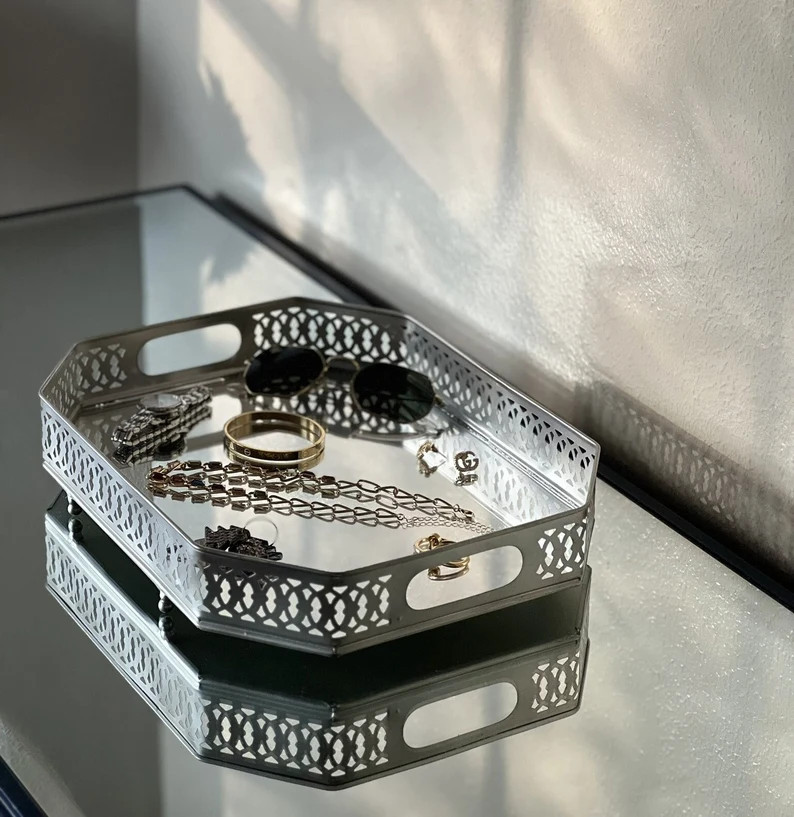 Hand crafted Silver Plated Mirror Tray with intricate border.Perfect for organizing in the Bedroo... | Etsy (US)