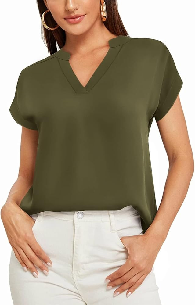SUNAELIA Women Chiffon Blouse V Neck Short Sleeve Casual Top Shirts for Summer | Amazon (US)