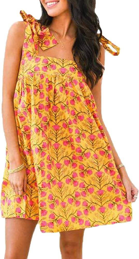 Women Boho Floral Short Dress Tie Shoulder Sleeveless Dress Flowy Babydoll Mini Dresses Summer Ho... | Amazon (US)