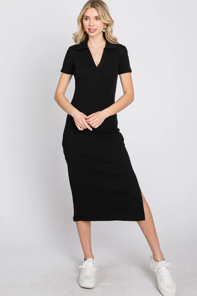 Black Collared Ribbed Midi Dress | PinkBlush Maternity