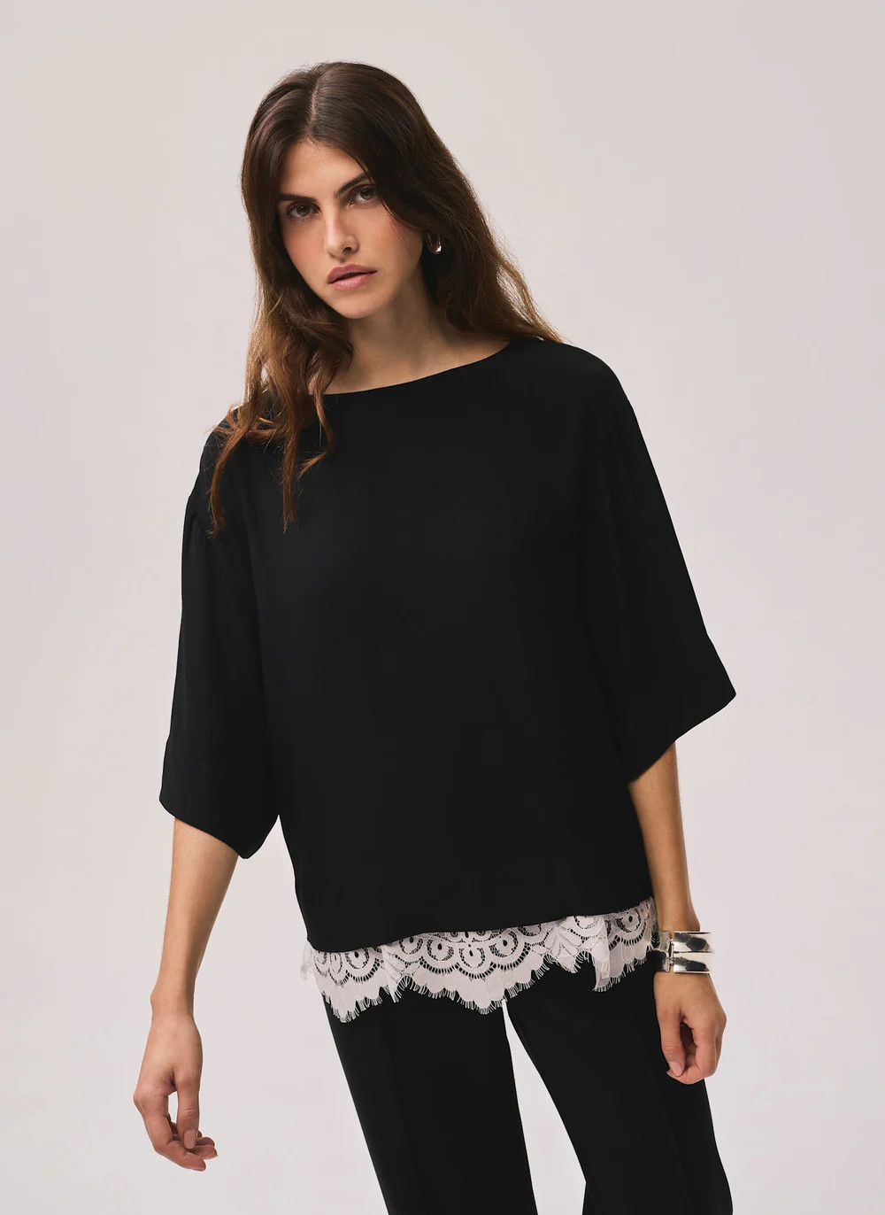 Black Satin Lace Trim Top | Mint Velvet