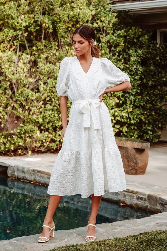 Sunny Love White Seersucker Puff Sleeve Button-Front Midi Dress | Lulus (US)