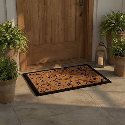 Evideco French Home Goods Sheltered Coir Door Mat Leafy Vine Print 30x18 Inch natural/black | Target